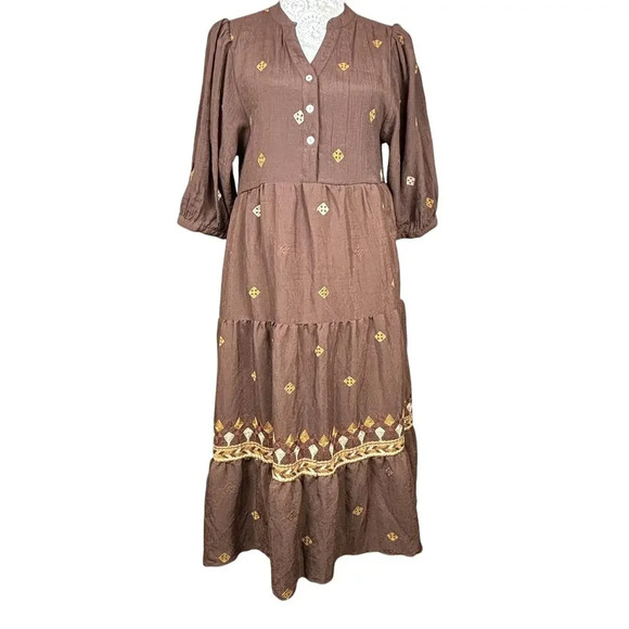 Fig & Flower Anthropologie Embroidered Tiered 3/4 Sleeve Dress Size Medium - Picture 1 of 8